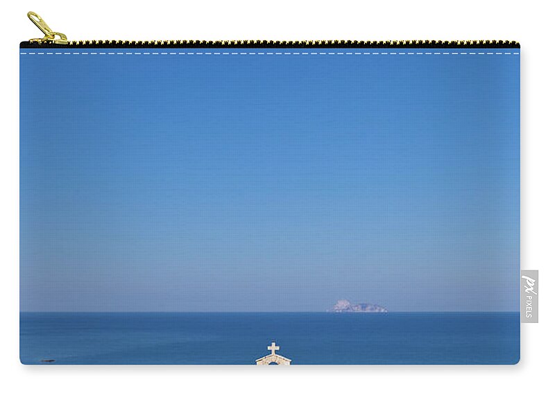Scenics Zip Pouch featuring the photograph Greek Chapel And The Sea, Crete by Saro17