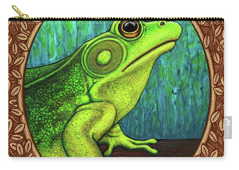 Animal Portrait Zip Pouch featuring the painting Green Frog Portrait - Brown Border by Amy E Fraser