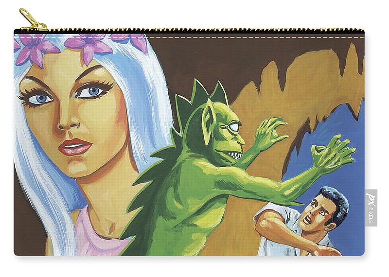 Afraid Zip Pouch featuring the drawing Green Monster Attacks Man; Island Girl Looks On by CSA Images