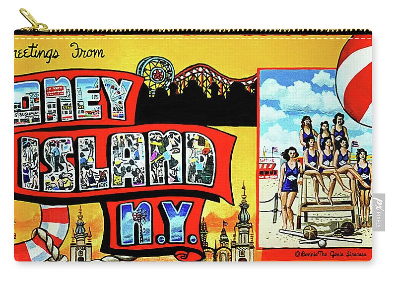  Zip Pouch featuring the painting Greetings From Coney Island Towel Version by Bonnie Siracusa