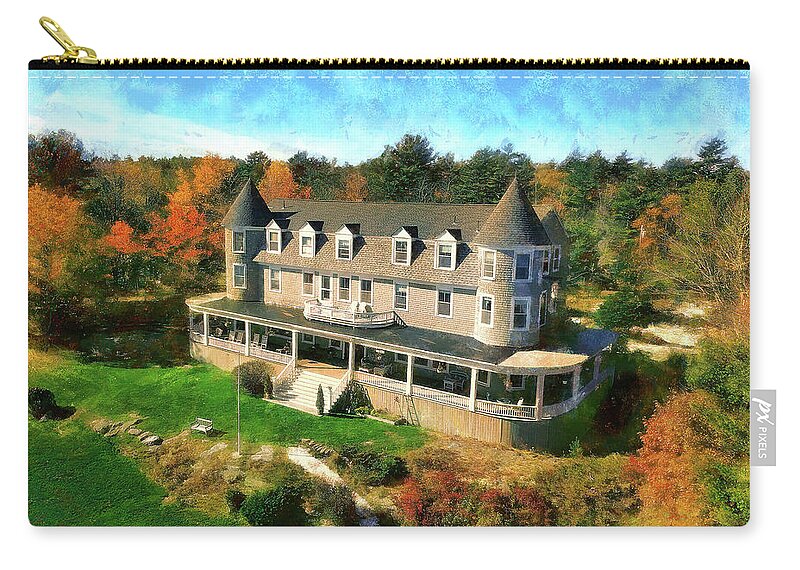 Inn From Drone Zip Pouch featuring the photograph Grey Havens Inn v1 by Aleksander Rotner