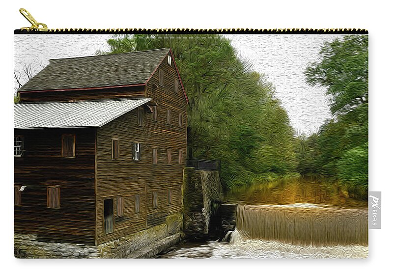 Pine Creek Zip Pouch featuring the digital art Grist Mill Oil Painting, Iowa by Sandra J's