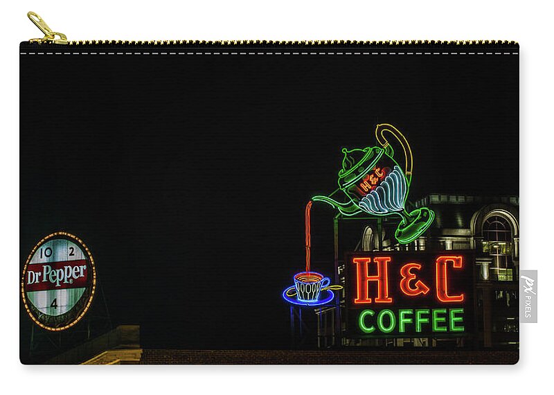 Neon Sign Zip Pouch featuring the photograph H C Coffee sign and Dr Pepper Roanoke virginia by Julieta Belmont
