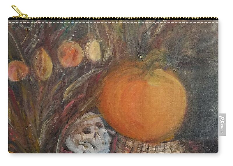 Halloween Pumpkin Skull Floral Flowers Basket Zip Pouch featuring the painting Halloween Pumpkin by Beverly Smith