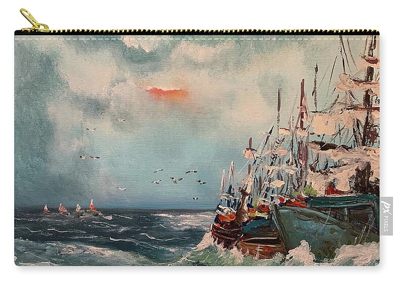 Harbor Art Paintings By Miroslaw Chelchowski Acrylic On Canvas Print Ocean Ship Boat Wave Water  Blue Sky Clouds Sailing Seagulls Painting Seascape Ocean Sea Zip Pouch featuring the painting Harbor by Miroslaw Chelchowski