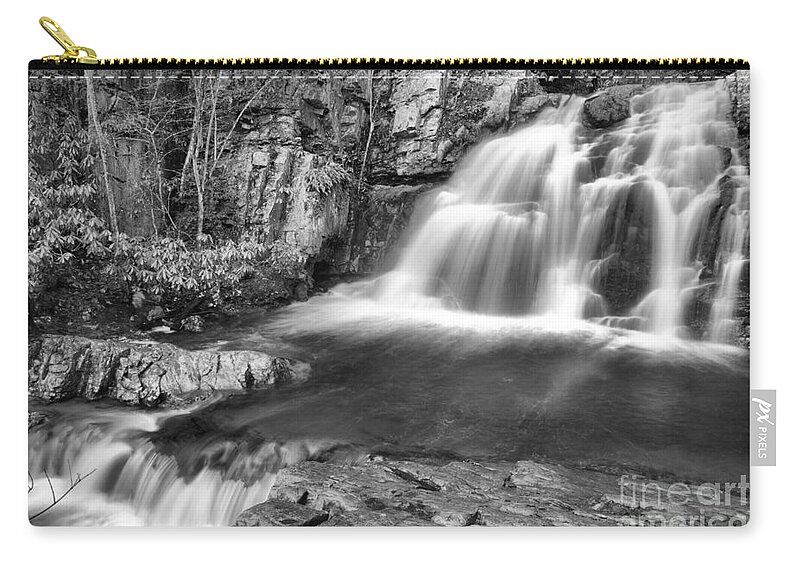 Hawk Falls Zip Pouch featuring the photograph Hawk Falls Cascades Black And White by Adam Jewell