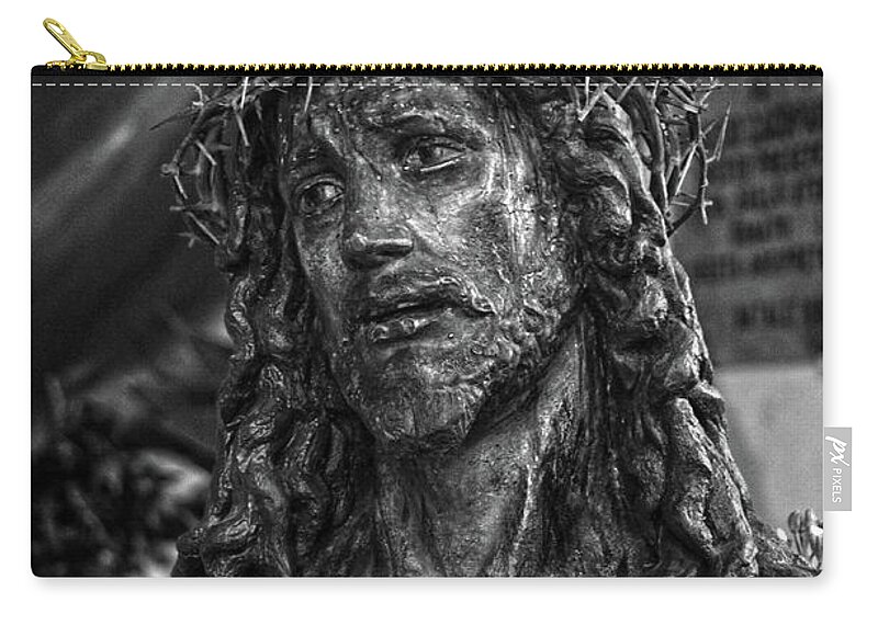 Catholic Zip Pouch featuring the photograph Head of Christ crowned with thorns in a Taormina Church BW by RicardMN Photography