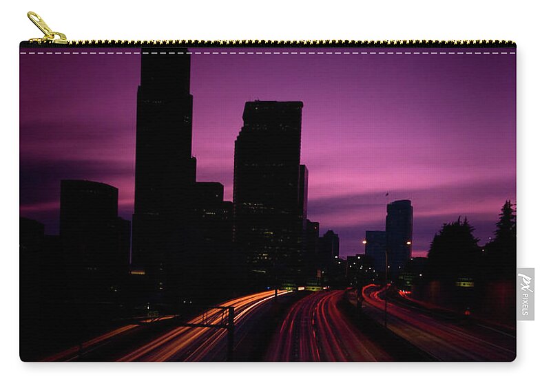 Tranquility Zip Pouch featuring the photograph Headlight Streaks In City Twilight by Engelhardt.zenfolio.com