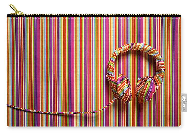 Music Zip Pouch featuring the photograph Headphones In Striped Paper, Landscape by Emma Innocenti