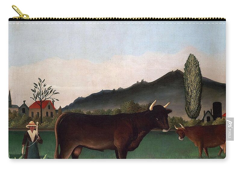 Henri Rousseau Zip Pouch featuring the painting Henri Rousseau / 'Landscape with Cattle', c. 1900, Oil on canvas, 50 x 65 cm. by Henri Rousseau -1844-1910-
