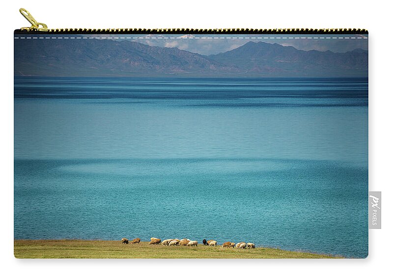 Tranquility Zip Pouch featuring the photograph Herd Of Sheep Near Sayram Lake, Ili by Nutexzles