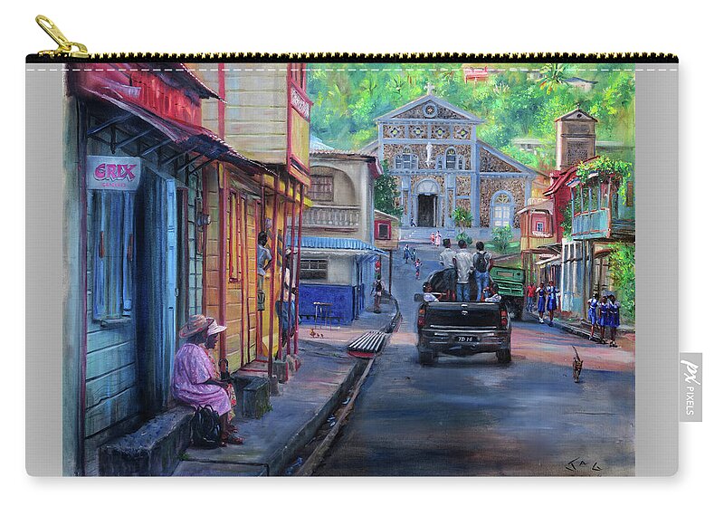 Caribbean Art Zip Pouch featuring the painting High Street, Laborie, 4pm by Jonathan Gladding