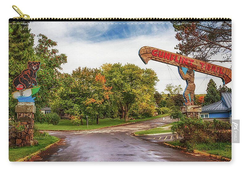 Gunflint Trail Zip Pouch featuring the photograph Historic Gunflint Trail Welcome Signs by Susan Rissi Tregoning