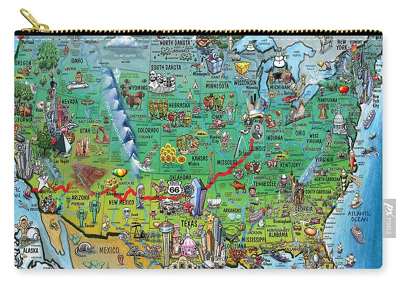 Cartoon Map Zip Pouch featuring the digital art Historic Route 66 USA by Kevin Middleton