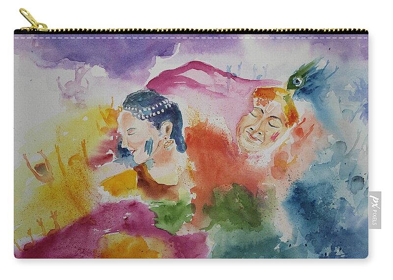 Holi Zip Pouch featuring the painting Holi with Radha Krishna by Geeta Yerra