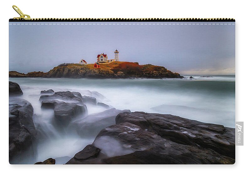 Nubble Lighthouse Zip Pouch featuring the photograph Holiday Lights, Nubble Lighthouse York ME. by Michael Hubley