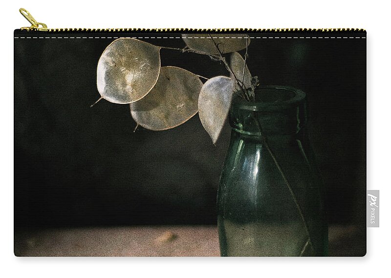 Black Background Zip Pouch featuring the photograph Honesty Seedheads In Antique Bottle by Jill Ferry