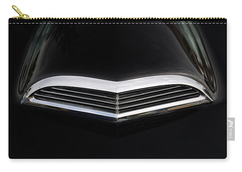 1955 55 Ford Thunderbird Dramatic Angle Perspective Car Vintage Black Zip Pouch featuring the photograph Hood detail of 1955 Vintage Black Ford Thunderbird by Peter Herman