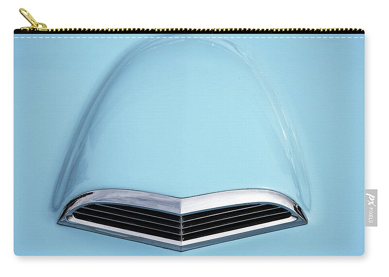 1955 55 Ford Thunderbird Dramatic Angle Perspective Car Vintage Zip Pouch featuring the photograph Hood detail of 1955 Vintage Blue Ford Thunderbird by Peter Herman