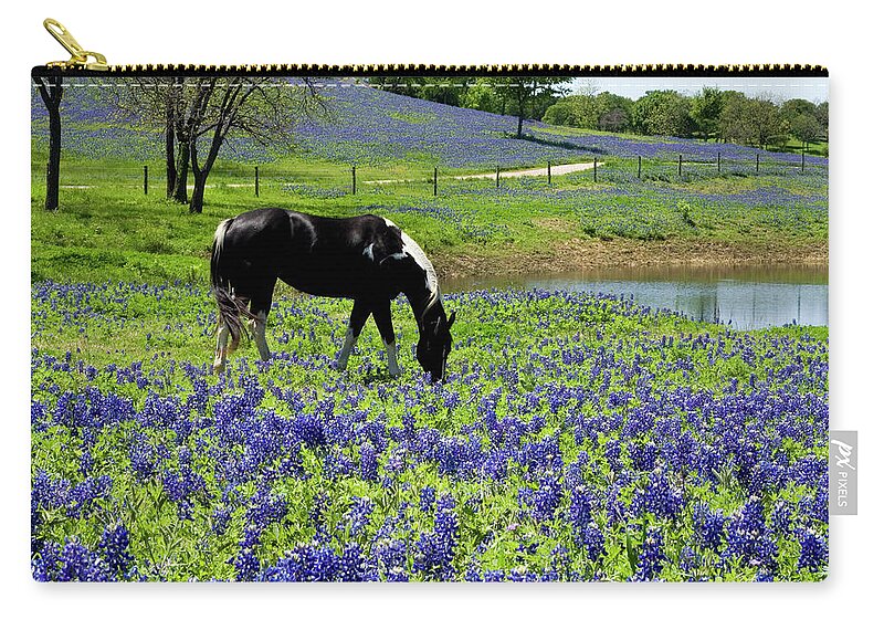 Horse Zip Pouch featuring the photograph Horse In Bluebonnet Meadow by Hartcreations