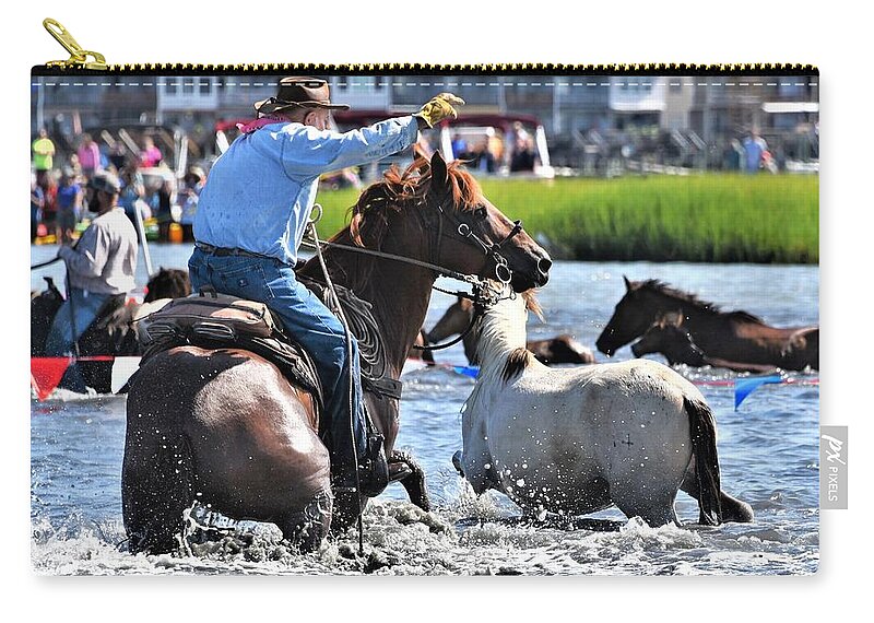 Hustling Zip Pouch featuring the photograph Hustling a Stray Wild Horse - Chincoteague Pony Run by Kim Bemis