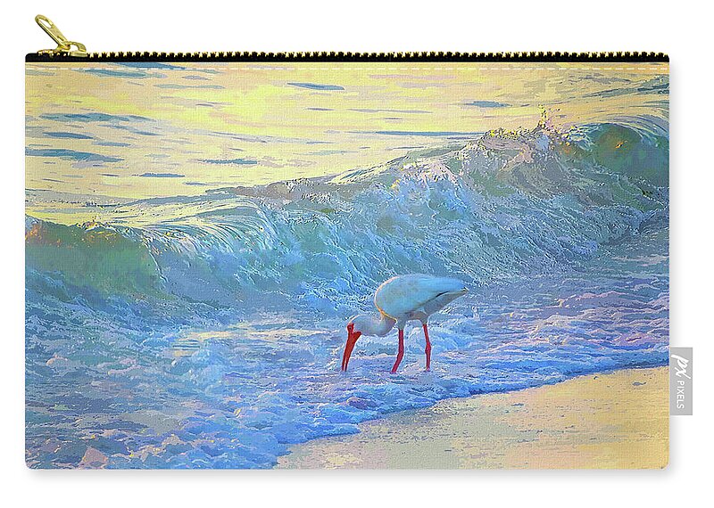 Susan Molnar Zip Pouch featuring the photograph Ibis in Gold and Purple Surf 2 by Susan Molnar