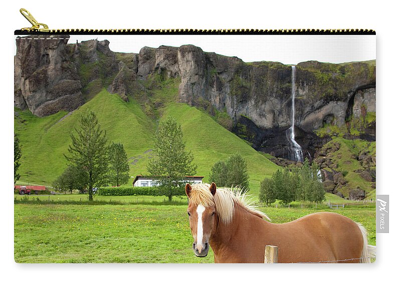 Scenics Zip Pouch featuring the photograph Icelandic Horse And Waterfall, Vik by Paul Souders