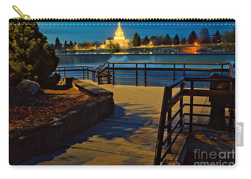 Idaho Falls Zip Pouch featuring the photograph Idaho Falls Riverwalk Temple View by Adam Jewell