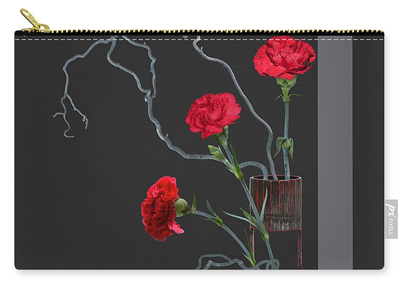 Carnation Zip Pouch featuring the mixed media Red Carnations and Bamboo Vase by M Spadecaller