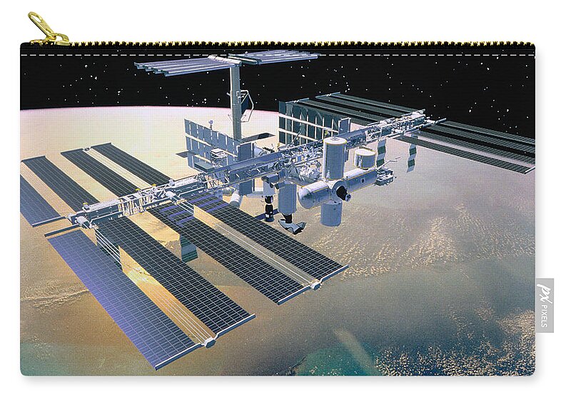 Black Background Zip Pouch featuring the digital art Illustration Of A Space Station In Orbit by Stocktrek
