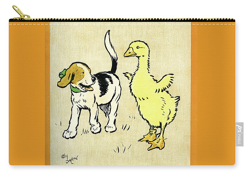 Puppy Zip Pouch featuring the mixed media Illustration of puppy and gosling by Cecil Aldin