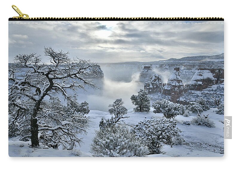 Colorado National Monument Zip Pouch featuring the photograph Independence Canyon Engulfed in Morning Fog by Ray Mathis