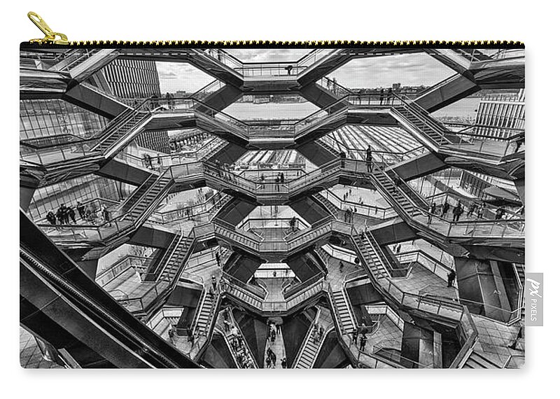Hudson Yards Zip Pouch featuring the photograph Inside the Hudson Yards Vessel NYC BW by Susan Candelario