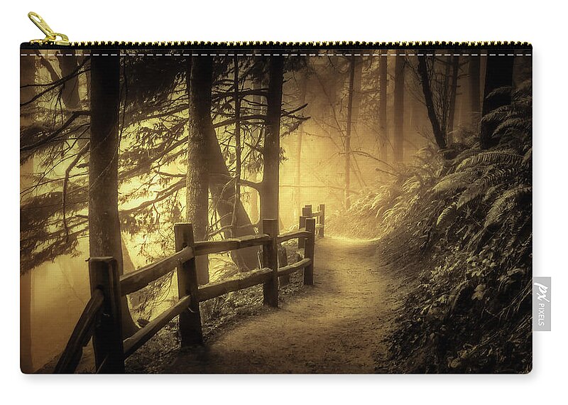 Fence Zip Pouch featuring the photograph Into the Mist and Light by Don Schwartz
