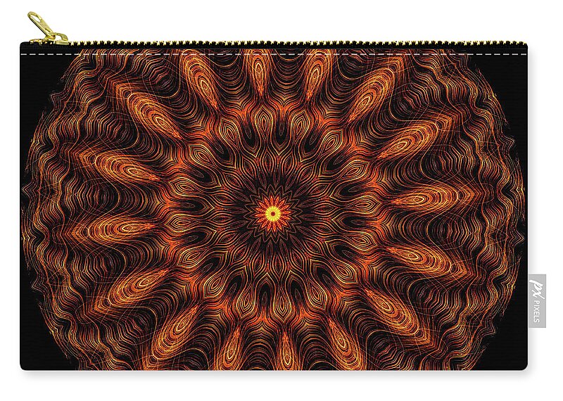 3 Dimensional Zip Pouch featuring the digital art Intricate 13 orange, red and yellow mandala kaleidoscope by Amy Cicconi