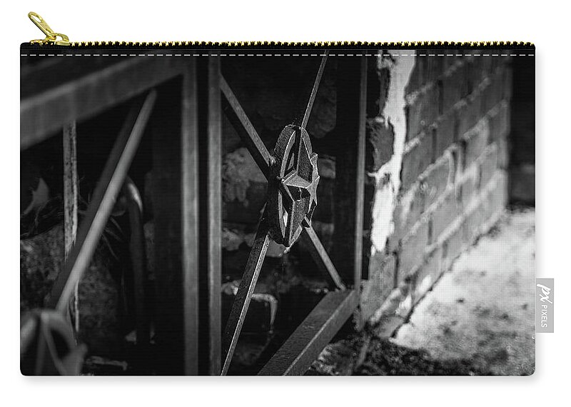 Iron Gate Zip Pouch featuring the photograph Iron Gate in BW by Doug Camara