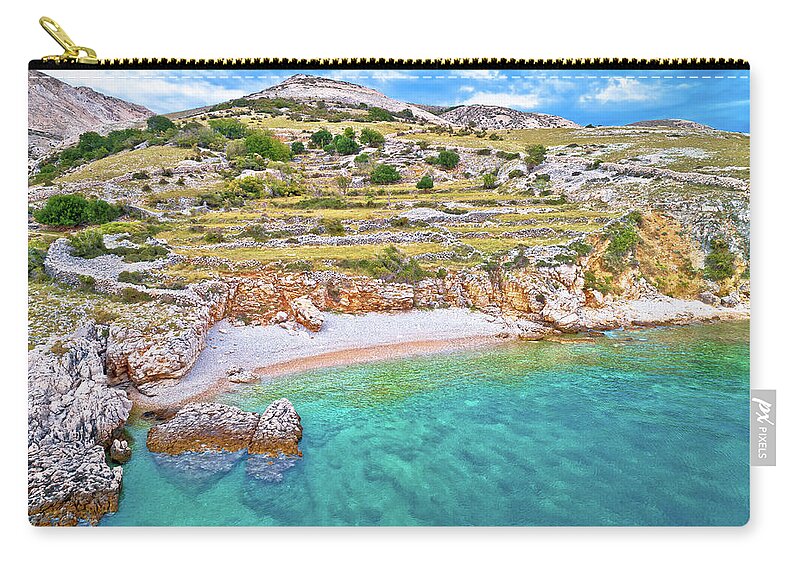 Pebble Zip Pouch featuring the photograph Island of Krk idyllic pebble beach with karst landscape, stone d by Brch Photography