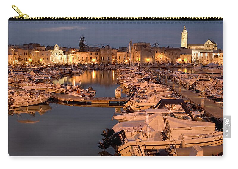 In A Row Zip Pouch featuring the photograph Italy, Puglia, Trani, Boats Docked At by Peter Adams