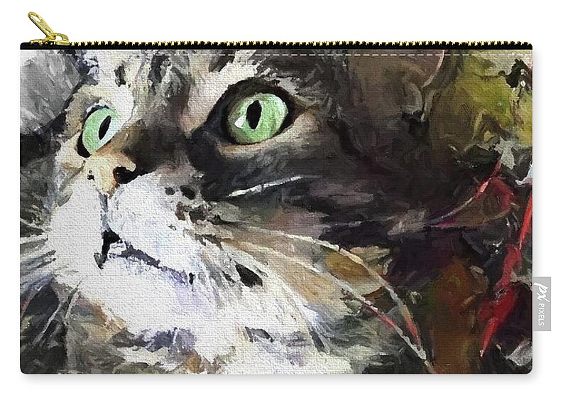 Manx Cat Zip Pouch featuring the digital art Jack the Green Eyed Manx Cat by Peggy Collins