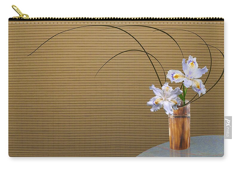 Iris Zip Pouch featuring the digital art Japonica Iris in Bamboo Vase by M Spadecaller