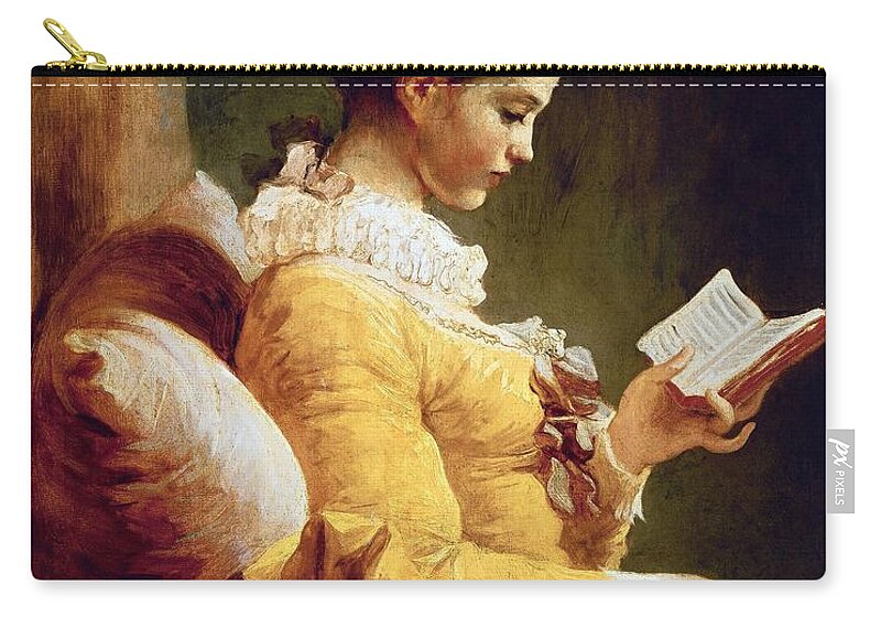 Jean-honore Fragonard Zip Pouch featuring the painting JEAN-HONORE FRAGONARD Young Girl Reading, c. 1769, National Gallery of Art, Washington DC. by Jean-Honore Fragonard -1732-1806-