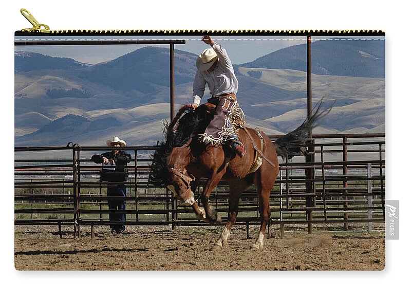 Horse Zip Pouch featuring the photograph Jockey Riding Horse, And Reaching High by Cgbaldauf