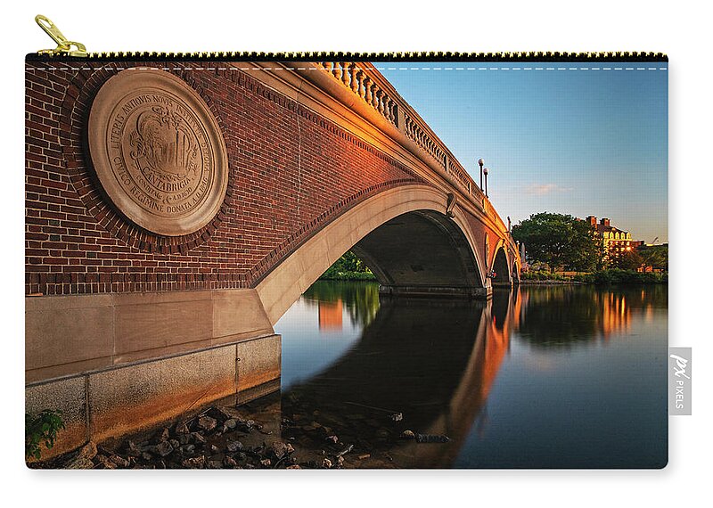 Cambridge Zip Pouch featuring the photograph John Weeks Bridge Sunset Reflection Charles River Cambridge MA Harvard Square by Toby McGuire