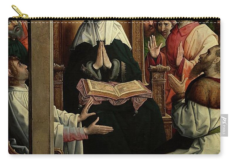 Juan De Flandes Zip Pouch featuring the painting Juan de Flandes / 'Pentecost', 1514-1519, Spanish-Flemish School. VIRGIN MARY. ESPIRITU SANTO. by Juan de Flandes -c 1460-c 1519-