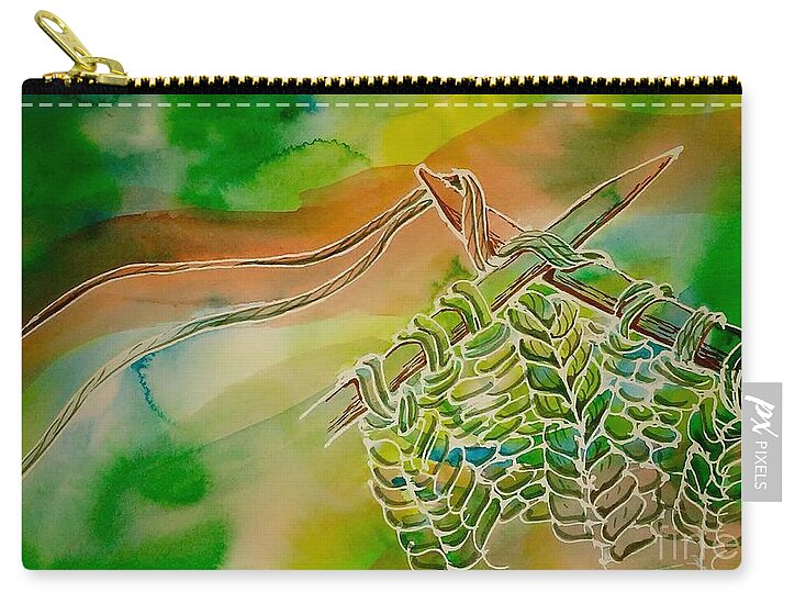 Green Zip Pouch featuring the painting K2 P2 with a Double String by Tammy Nara