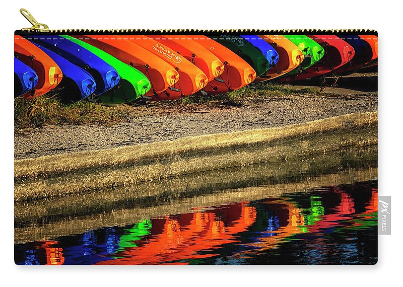 Barberville Roadside Yard Art And Produce Zip Pouch featuring the photograph Kayak Reflections by Tom Singleton