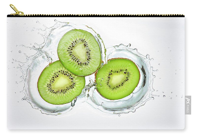 White Background Zip Pouch featuring the photograph Kiwi Slices Splash by Chris Stein