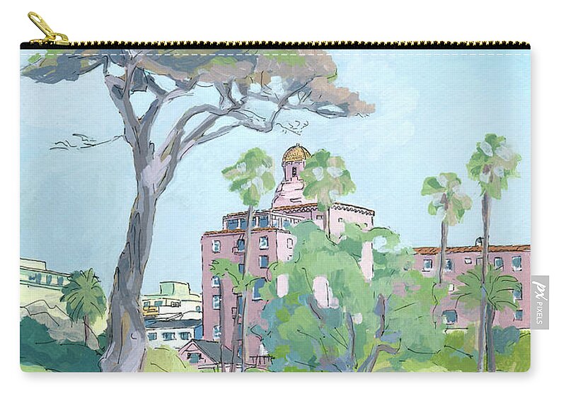 La Valencia Zip Pouch featuring the painting La Valencia Hotel La Jolla San Diego California by Paul Strahm