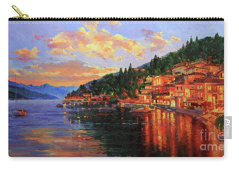 Italy Lake Como Bellagio Sunset Lake Lakecomo Sunset Dusk Sky Clouds Village Water Photographs Lake Como Original Italy Oil Painting Bellagio Sunset Lake Alps Lago Como Sky Clouds Buildings City Town Village Water Wall Art Framed Prints Old Village Paintings Landscape Cityscape Scenic Romantic Tuscany Oil Landscape Poppy Olive Village Chianti Wall Art Posters Tuscany Old Village Paintings Landscape Cityscape Scenic Romantic Europe European Artist Gary Kim Canvas Original Oil Painting Art Zip Pouch featuring the painting Lake Como Sunset by Gary Kim