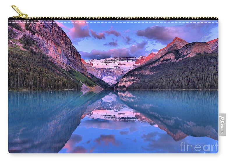 Lake Louise Zip Pouch featuring the photograph Lake Louise Summer Sunrise Reflections by Adam Jewell